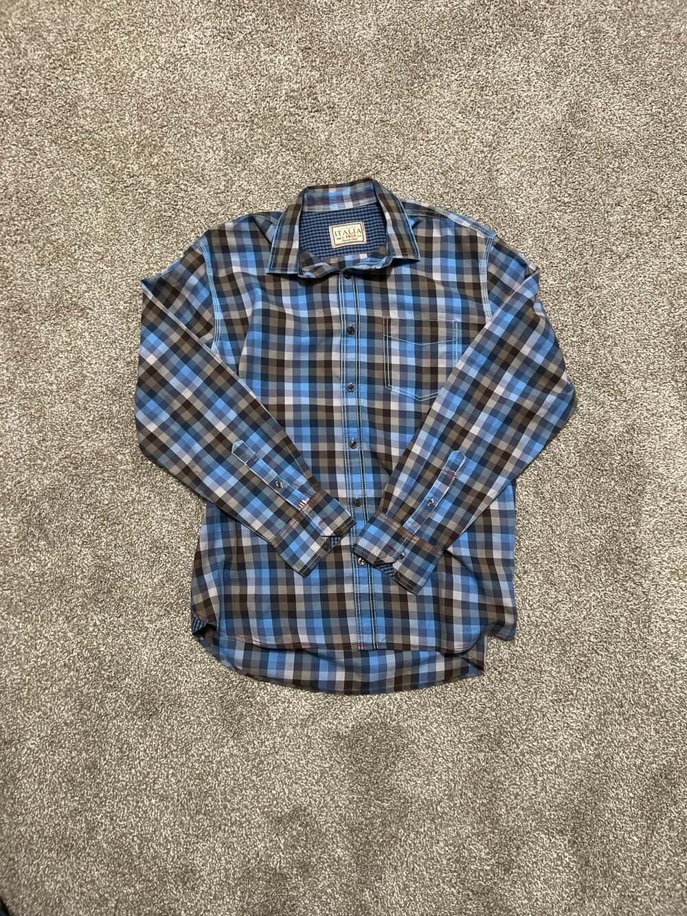 Vintage Italia c.1958 Blue & Brown Plaid Long Sleeve Button Down Shirt